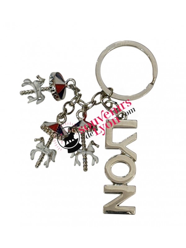 Porte-clés Lyon carrousel bleu/blanc/rouge chez Souvenirsdelyon.com